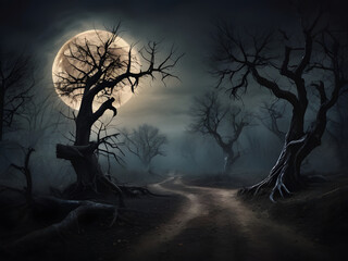 spooky halloween landscape,halloween night scene with moon,full moon over dark spooky forest at night