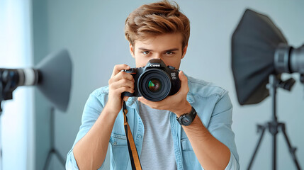 Photographer Holding a Canon Camera, Photo