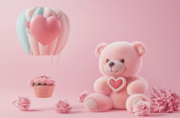 3D rendering of a Valentine's Day cute teddy bear with a heart hot air balloon and rose flower on a pink background