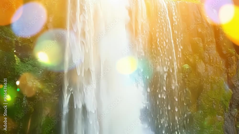 Poster a magical sight of a sunlit waterfall with sparkling water droplets catching the suns rays and creat