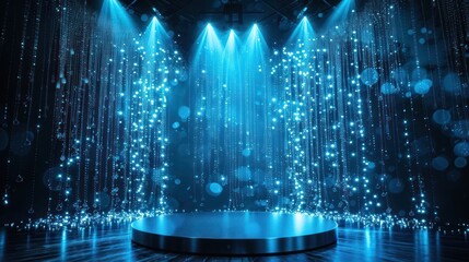A stage with blue lights and a blue backdrop