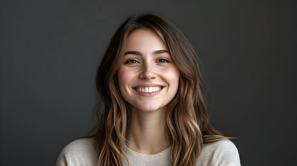 a young Caucasian woman displaying a happy expression, smiling and facing the camera, all set within a photo studio against a uniform gray background.
