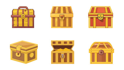 Collection of treasure chest illustration, Gold wooden treasure box isometric vector 