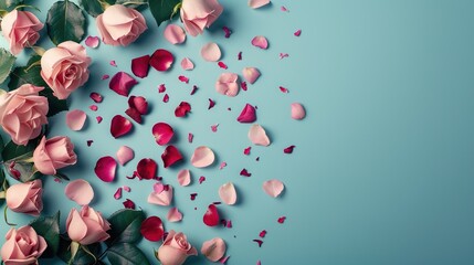   Pink and red roses on a blue background with scattered petals and leaves