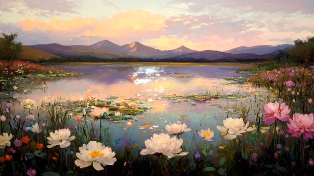 a tranquil lake nestled in the mountains with flowers and butterflies, as the setting sun reflects bright colors  Seamless looping 4k time-lapse animation video background
  