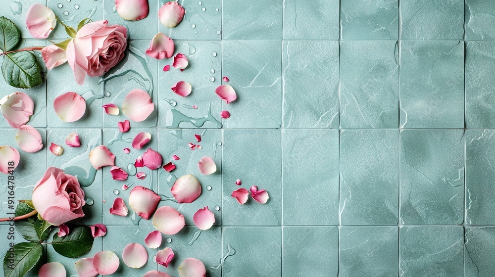 Wall mural pink roses on a blue tile floor