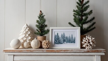 Winter still life. Horizontal white frame mockup on vintage wooden bench, table. Modern white ceramic vase with pine tree branches, Christmas paper ornaments and books. White wall background