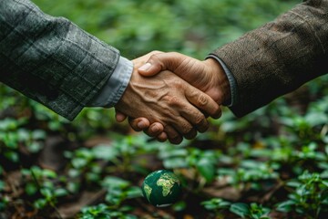 Close-up hands shaking in forest with small globe in background, symbolizing global cooperation environmental conservation, business attire suggests formal agreement, unity in addressing ecological.