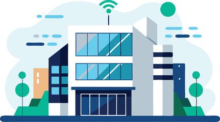 Naklejka premium An illustration of a modern building featuring a prominent Wi-Fi symbol, representing connectivity and technology.