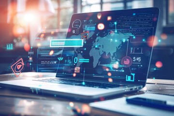 Fototapeta premium Abstract concept of distance learning with laptop and virtual classroom interface, representing remote education