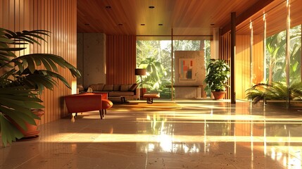 Usonian Architecture Environment. AI generated art illustration.