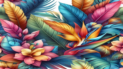 Colorful tropical floral leaves overlapping