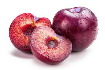 Red Plum Slices With Water Droplets.