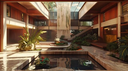 Usonian Architecture Environment. AI generated art illustration.