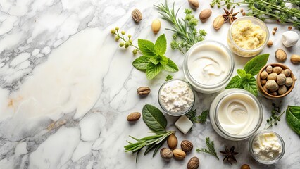 Shea butter lotions and creams displayed on a marble surface with fresh herbs and small stones , shea butter, lotion