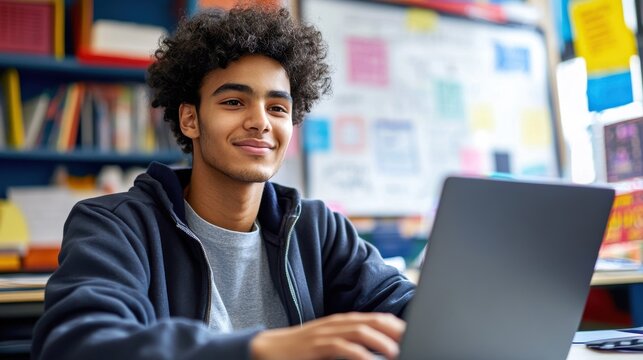 A young teacher sitting in a modern classroom, working on a laptop, with a whiteboard and educational posters in the background, highlighting the blend of traditional and digital teaching methods