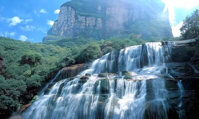Majestic waterfall cascading down lush green mountains, stunning natural scenery perfect for travel destinations, eco-tourism promotions, and adventure tours, showcasing the serene beauty of nature