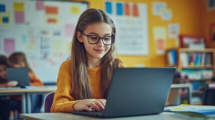 A young teacher sitting in a modern classroom, working on a laptop, with a whiteboard and educational posters in the background, highlighting the blend of traditional and digital teaching methods