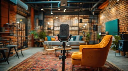 Fototapeta premium Record a podcast episode in a modern coworking space, with lively decor and a collaborative atmosphere.