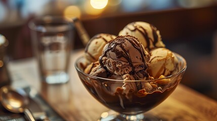Paramount Pleasure: Sumptuous Chocolate Ice Cream Sundae Drizzled with Syrup