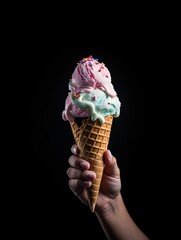 Midnight Cravings: Handheld Ice Cream Cone with Sprinkles on Black Background