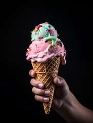 Midnight Cravings: Handheld Ice Cream Cone with Sprinkles on Black Background