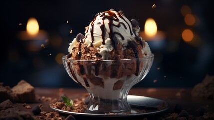 Chocolate Symphony: Opulent Ice Cream Sundae with Crumbled Cookies and Drizzle
