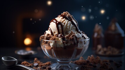Chocolate Symphony: Opulent Ice Cream Sundae with Crumbled Cookies and Drizzle