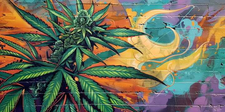 Fototapeta Abstract psychedelic cannabis leaf painted on wall in graffiti style