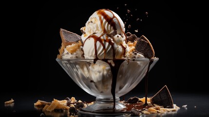 Chocolate Symphony: Opulent Ice Cream Sundae with Crumbled Cookies and Drizzle