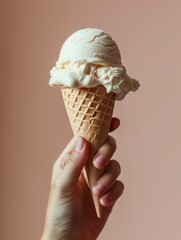 Handheld Indulgence: Vanilla Ice Cream Cone on Pastel Background