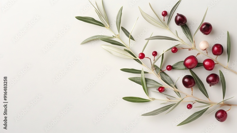 Poster green and red berries on a branch against a white background with space for text or insertions