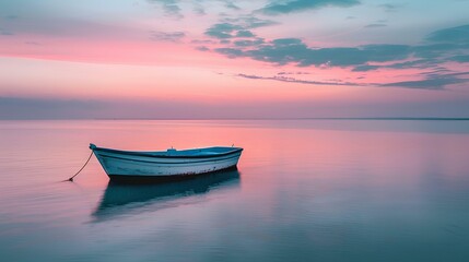 Fototapeta premium A small boat floating on the calm sea, surrounded by soft pastel colors of pink and blue sky at dusk, creating an atmosphere of tranquility and romance. 