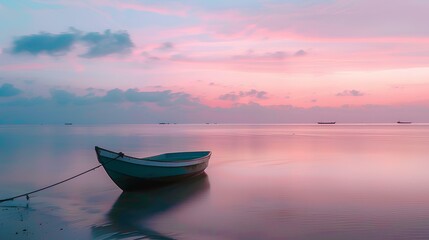 Naklejka premium A small boat floating on the calm sea, surrounded by soft pastel colors of pink and blue sky at dusk, creating an atmosphere of tranquility and romance. 