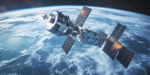 satellite with solar panels and a complex array of communication equipment.