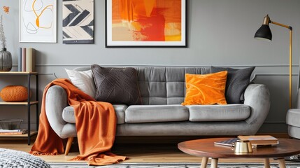 Modern apartment interior with grey sofa and orange blanket, featuring wooden table and poster. Authentic image