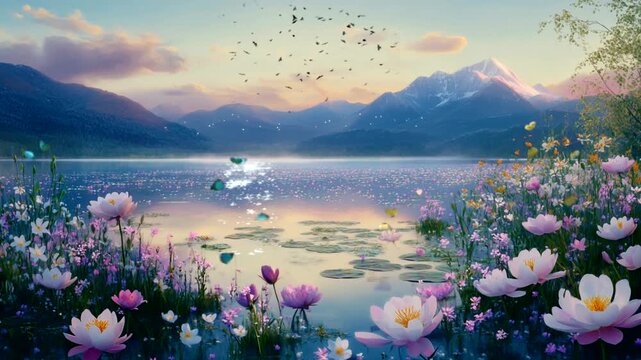 a tranquil lake nestled in the mountains with flowers and butterflies, as the setting sun reflects bright colors  Seamless looping 4k time-lapse animation video background
  