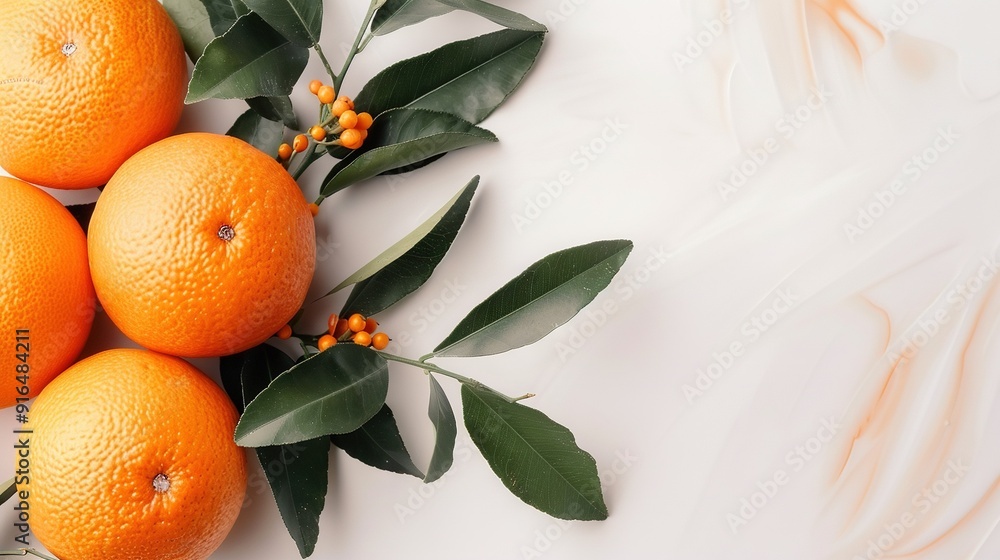 Poster a cluster of oranges resting on a white background with accompanying foliage above them