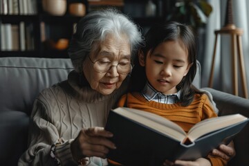 Obraz premium Senior woman and her granddaughter Read books together at home Concept of building family relationships