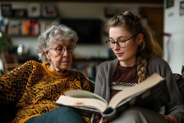 Senior woman and her daughter with books at home