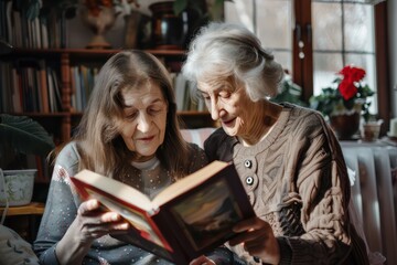 Senior woman and her daughter with books at home