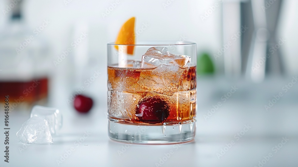 Poster a close-up image shows a drink in a clear glass with a single large ice cube and an orange slice res