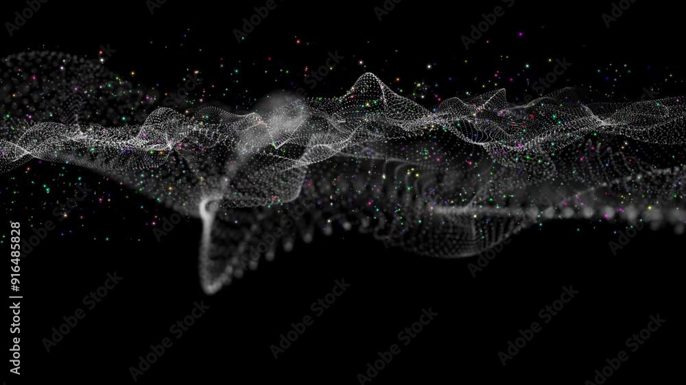 Aufkleber futuristic video animation with gray wave object and colorful glitter particles in motion, 4096x2304