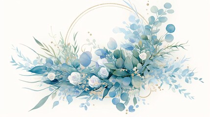 Luxurious botanical gold wedding frame elements on white background include circle shapes