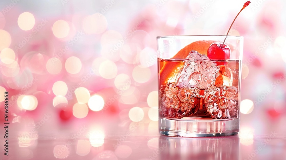 Poster close-up of an ice glass containing a cherry resting on a table with faint background light