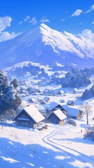 Enchanting Swiss Snow Village: Anime-Style Winter Wonderland. Dreamy 4K Digital Art Showcasing Picturesque Alpine Scenery, Perfect for Holiday Marketing, Tourism Promotion, and Seasonal Book Illustrat