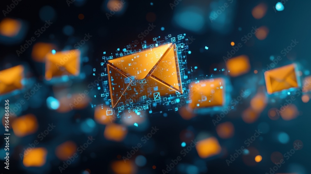 Poster hologram of encrypted emails floating in cyberspace