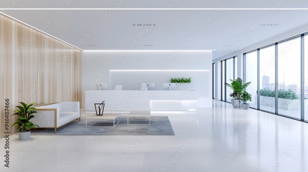 Poster a high-resolution photo of a modern office lobby with clean lines and soft colors, professional and 