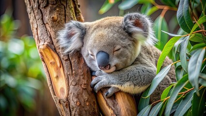Fototapeta premium Adorable koala peacefully asleep in a eucalyptus tree, koala, Australian wildlife, sleeping, eucalyptus tree, cute, serene