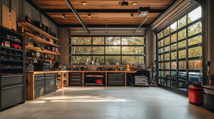 Ample parking with built-in storage, work desk and parking. The well-organized space is ideal for DIY projects and neat storage.